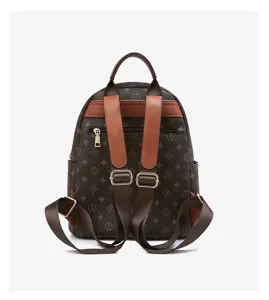 Detailed view of the stylish brown monogram backpack with leather straps and secure zip closure.