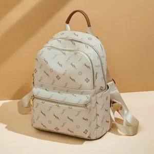 Women fashion casual backpack lightweight PU leather daypack with stylish monogram print design