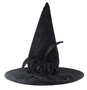 Cappello da strega nero con piume e rose perfetto per cosplay di Halloween e feste a tema.