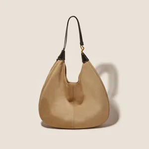 Chic khaki suede slouchy hobo shoulder bag for women, retro daily casual large tote purse.
