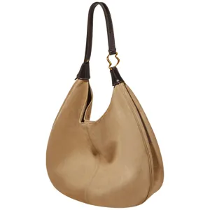Classic khaki suede shoulder bag for women, slouchy hobo underarm bag with dark leather strap.