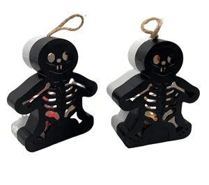 Close-up detail of Halloween LED skeleton hanging lantern with black cutout design.