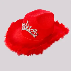 Rode veren cowboyhoed met glinsterende strass kroon voor dames feest kostuum accessoire