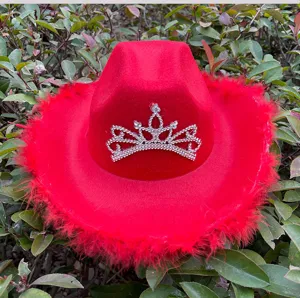 Rode western cowboyhoed met verenrand en strass tiara kroon voor feestelijke verkleedpartijen.