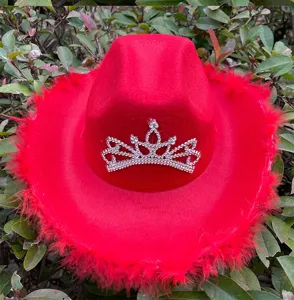 Rode cowboyhoed met verenrand en strass kroon voor feestelijke verkleedpartijen.