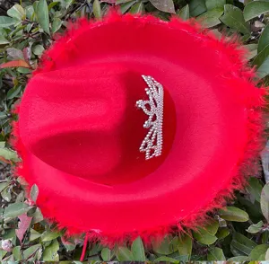 Close-upweergave van rode cowboyhoed met sprankelende strass-kroon en pluizige verenrandafwerking.