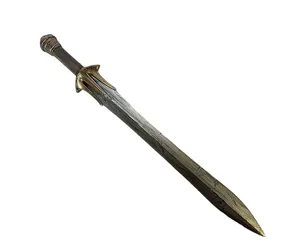 Detailed shot of the fantasy cosplay prop sword with weathered bronze hilt and textured blade.