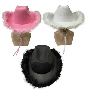 Veren western cowboy hoed set met verenrand, perfect voor feest en podium optredens.