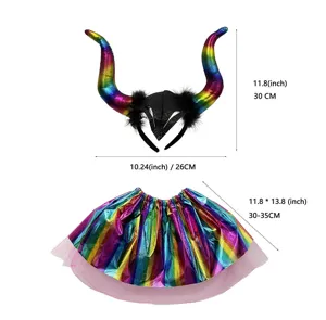 Ensemble serre-tête cornes de diable colorées et jupe tutu pour fête d'enfants.