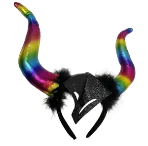 Serre-tete cornes de demon arc-en-ciel colorees avec plumes noires pour fete de costume