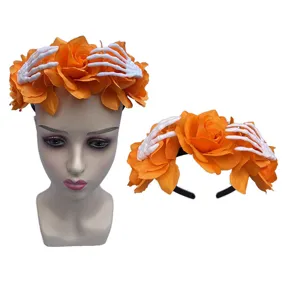 Halloween feest skelet hand oranje roos bloem kroon haarband kostuum haar accessoire.