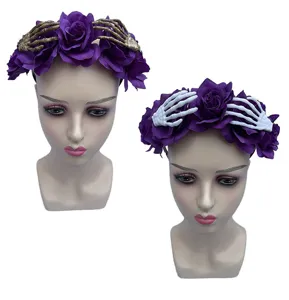 Halloween paarse roos bloem hoofdband skeleton hand haarhoepel feest kostuum hoofdtooij accessoires
