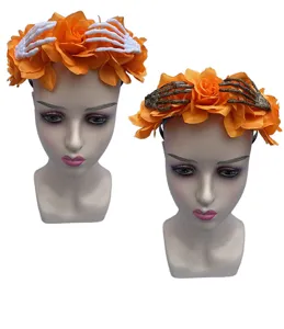 Halloween oranje roos bloem skelet hand haarband gothisch feest haaraccessoire griezelig kostuum rekwisiet
