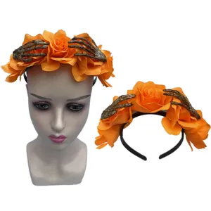 Halloween feest oranje roos bloem haarband metgekke skelet hand griezelige decoratie