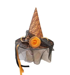 Halloween Hexenhut mit oranger Spitze, schwarzem Netz und Blütendetail für Kostüme.