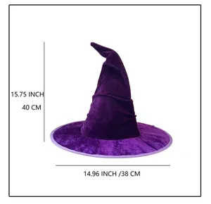 Chapeau de sorciere en velours violet avec pointe courbee et large bord pour Halloween.