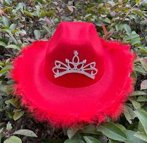 Rode veren cowboyhoed met strass tiara, perfect voor feestjes, festivals en cosplay.