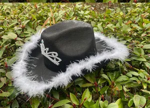 Zwarte Halloween feest cowboyhoed met witte veren afwerking en schitterende strass kroon.