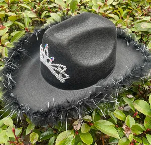 Zwarte westerse cowboyhoed voor vrouwen met veren rand en strass kroon voor feestjes.