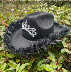 Zwarte western cowboyhoed met strass tiara en veren rand voor feestjes en verkleed