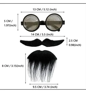 Detailed dimension diagram showing fake round glasses and black mustache costume props.