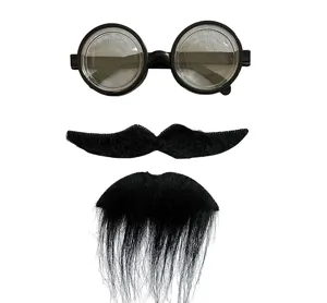 Novelty disguise props set with round glasses and fake mustaches for Halloween party cosplay.