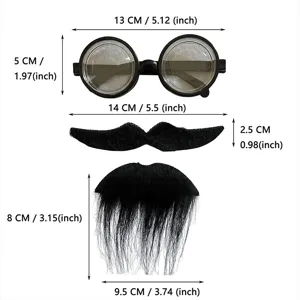 Halloween party costume props set with black round glasses and fake mustaches in clear sizes.