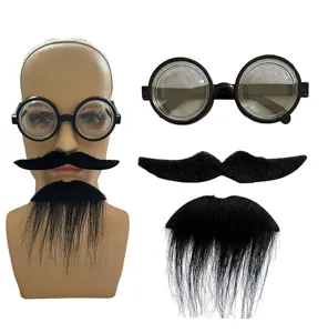 Funny party disguise set with thick round glasses and fake black mustache props for events.