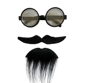 Detail view of funny costume props set including round glasses and black mustache for party.
