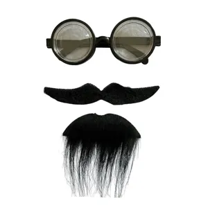 Halloween party costume props set featuring black round glasses and fake mustaches.