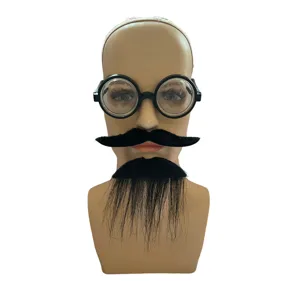 Halloween party disguise prop set with funny round glasses, black mustache and fake beard.
