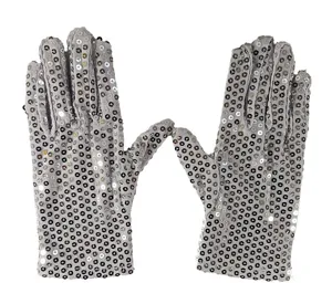 Grey sequin stage gloves detail shot, sparkly performance costume accessories for adults.