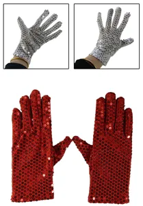 Close-up details of adult sequin stage gloves, shiny performance costume accessories.