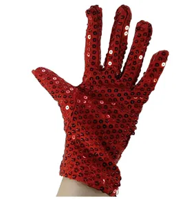 Red sequin glove detailed shot, sparkling dance performance accessory for adults.