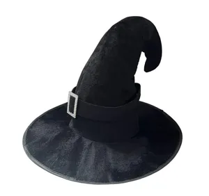 Chapeau de sorcière en velours noir avec boucle strass, parfait pour Halloween et cosplay.