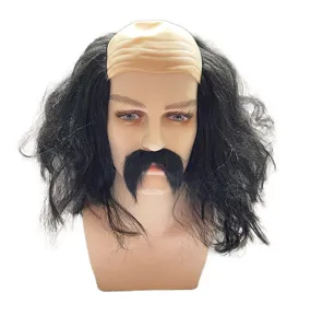Vue détaillée de la perruque chauve drôle avec cheveux longs noirs et moustache de fête.