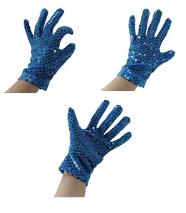 Blue sequin stage gloves detail showing sparkling surface and flexible fit for party dance performance.