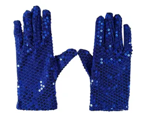 Detailed close-up view of adult royal blue sequin gloves, sparkling performance accessories.