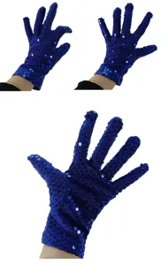 Close-up view of adult blue sequin stage gloves, sparkling performance accessory detail.
