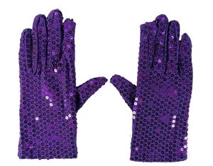Adult purple sequin stage gloves for dancing parties, sparkling performance costume accessories.