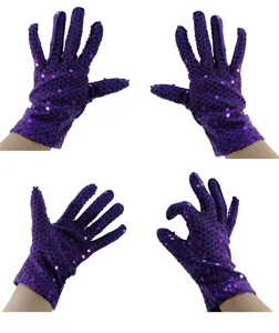 Purple sequin gloves for adult stage performance, dancing and party fashion accessories.