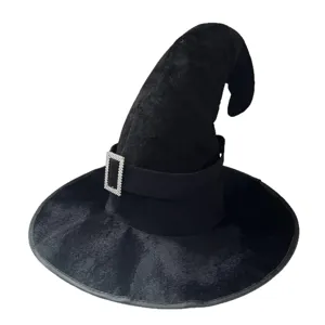 Chapeau de sorciere noir avec boucle en strass pour fete d'Halloween, costume cosplay.