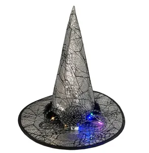 LED lighted witch hat with sequin spider web pattern, ideal for Halloween party costumes.