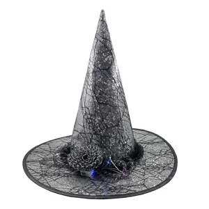 Silver sequin witch hat detail, spider web pattern and glowing LED lights for party.