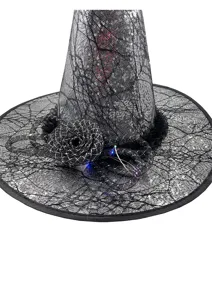 Close-up detail of a glowing sequin witch hat with spider web pattern and flower decor for party.