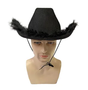 Zwarte veren cowboyhoed voor feest, kostuum en podiumoptreden. Stijlvol festivalhoofddeksel.