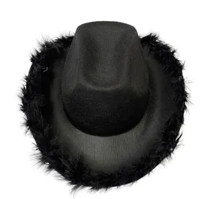 Zwarte veren cowboyhoed voor feestjes, kostuumtoneelvoorstellingen, elegant en stijlvol accessoire.