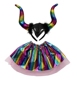 Serre-tête cornes de diable arc-en-ciel et tutu brillant, costume de fête vue détaillée.