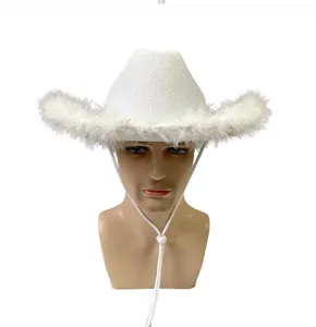 Witte veren cowboyhoed voor vrijgezellenfeest feestelijke kostuum hoed met kinriem.