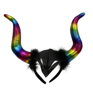 Serre-tête cornes de diable colorées avec base noire pailletée pour fête et cosplay.